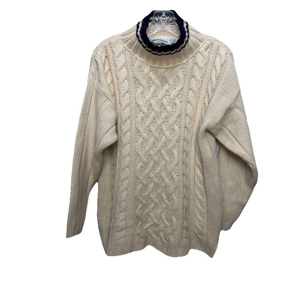 Aran Crafts Irish Sweater Mock Neck Ivory Merino Wool Womens Small